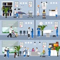 Horizontal vector banners with doctors and hospital interiors. Medicine concept. Patients passing medical check up