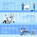 Horizontal vector banners with doctors and patients in hospital. Patients passing medical check up, surgery operation