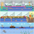 Horizontal vector banners with swimming pool interior. Water sport concept. People training and exercising.