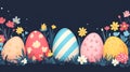 A horizontal vector illustration featuring a colorful Easter theme. Decorative eggs, some with polka dots and stripes Royalty Free Stock Photo