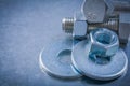 Horizontal vertsion of bolt washers screwbolts nuts on metallic Royalty Free Stock Photo