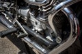 Close Up of the Chrome Parts of an Engine of a Custom Motorbike Royalty Free Stock Photo