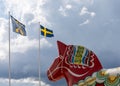 Horizontal view of a colorful Swedish Dala horse and the Swedish flag under an expressive sky