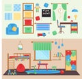 Horizontal view cozy baby room decor vector children bedroom interior illustration with furniture and toys. Nursery Royalty Free Stock Photo