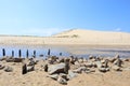 Horizontal view of estuary in Moliets France, stream water dune sand beach Background and texture wallpaper pattern. Royalty Free Stock Photo