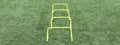 Horizontal view of four yellow 12 inch hurdles on a turf field Royalty Free Stock Photo