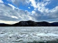 Horizontal view of the frozen Hudson River. Seen from the pier on Cold Spring`s waterfront