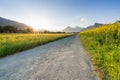 Gravel road parting a rapeseed canola field and a yellow wildflower meadow with the setting sun disappearing behind a beautiful mo Royalty Free Stock Photo