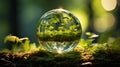 horizontal view, Green Globe In Forest With Moss And Defocused Abstract Sunlight. Generative AI Royalty Free Stock Photo