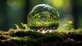 horizontal view, Green Globe In Forest With Moss And Defocused Abstract Sunlight. Generative AI Royalty Free Stock Photo