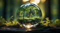 horizontal view, Green Globe In Forest With Moss And Defocused Abstract Sunlight. Generative AI Royalty Free Stock Photo