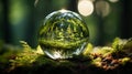 horizontal view, Green Globe In Forest With Moss And Defocused Abstract Sunlight. Generative AI Royalty Free Stock Photo