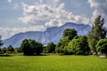 Horizontal view of the idillic Austrian countryside with the Austrian PreAlps in
