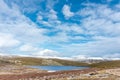 Horizontal view of a lake in the mountains in winter. Sunny day landscape and snowy mountains breathing pure and unpolluted air