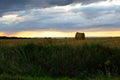 Horizontal view of lone bale of hay in field under a dramatic dark sky during a late summer sunrise Royalty Free Stock Photo