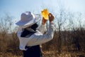 A profile of a beekeeper looking careful a honeycomb to sun light, in the spring time.