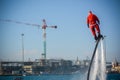 Horizontal View of Santa Claus on Flyboard on Blur Background