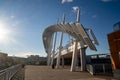 Horizontal view of the St. George Ferry Terminal`s iconic 350-foot arched steel canopy,