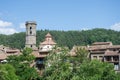 Horizontal view of the tower of the church of the village of Rupit in Catalonia