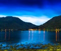 Horizontal vivid Norway fjords ocean landcape cloudscape long ex Royalty Free Stock Photo