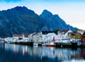 Horizontal vivid Norway town mountain pier reflections lights ba Royalty Free Stock Photo