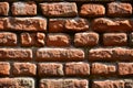 Horizontal wall texture of several rows of very old brickwork made of red brick. Shattered and damaged brick wall with pinched co Royalty Free Stock Photo