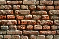 Horizontal wall texture of several rows of very old brickwork made of red brick. Shattered and damaged brick wall with pinched co Royalty Free Stock Photo