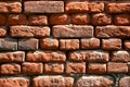 Horizontal wall texture of several rows of very old brickwork made of red brick. Shattered and damaged brick wall with pinched co Royalty Free Stock Photo