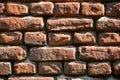 Horizontal wall texture of several rows of very old brickwork made of red brick. Shattered and damaged brick wall with pinched co Royalty Free Stock Photo