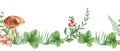 Horizontal watercolor forest seamless border pattern. Porcini mushrooms, green leaves and branches, red berries and