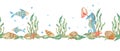 Horizontal watercolor sea, marine seamless border pattern. Cute fishes, seahorse, red starfish, orange net, seaweeds Royalty Free Stock Photo