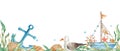 Horizontal watercolor sea, marine seamless border pattern. Ship, boat, seagull, seaweeds, seashells, nautical anchor and