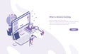 Horizontal web banner template with tiny people standing in front of giant computer and looking at screen. Distance