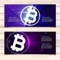 Horizontal web banner with white sign bitcoin, dark blue and dark violet background with place for your text. Royalty Free Stock Photo