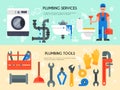 Horizontal web banners of plumbing services, tools vector illustration. Professional plumber with tool case and plunger