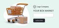 Horizontal web page with orange realistic 3d shopping cart full of parcels