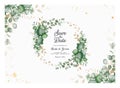 Horizontal wedding invitation template with eucalyptus wreath and border decoration. Botanic card design concept