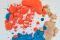 Horizontal white background with blogs of spherical and ameba orange blue and gold abstract oil spill background asset