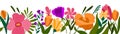 Horizontal white banner or floral background decorated with gorgeous colorful blooming flowers and side leaves.