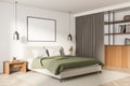 Horizontal white canvas in grey and green bedroom. Corner view Royalty Free Stock Photo