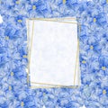 Horizontal white polygonal gold frame with on blue flowers background. Watercolor floral design for cosmetics, perfume Royalty Free Stock Photo