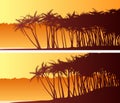 Horizontal wide banners of palm trees on beach.