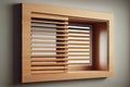 horizontal window louver, with wooden slats and natural finish, providing airy and open look