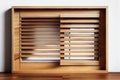 horizontal window louver, with wooden slats and natural finish, providing airy and open look