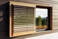 horizontal window louver, with wooden slats and natural finish, providing airy and open look