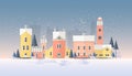 Horizontal winter cityscape with town in snowfall. Landscape with night city street, beautiful old buildings, towers and