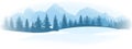 Horizontal Winter Landscape. Mountains fir tree forest in distant. Flat color vector Illustration.