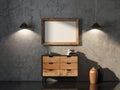 Horizontal wooden poster Frame Mockup hanging above modern chest on concrete wall with lamps