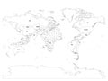 Horizontally flipped political map of World. Mirror reflection. Thin black outline vector illustration. Royalty Free Stock Photo