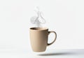 A horizontally floating mug of steaming coffee, on a solid white background Royalty Free Stock Photo